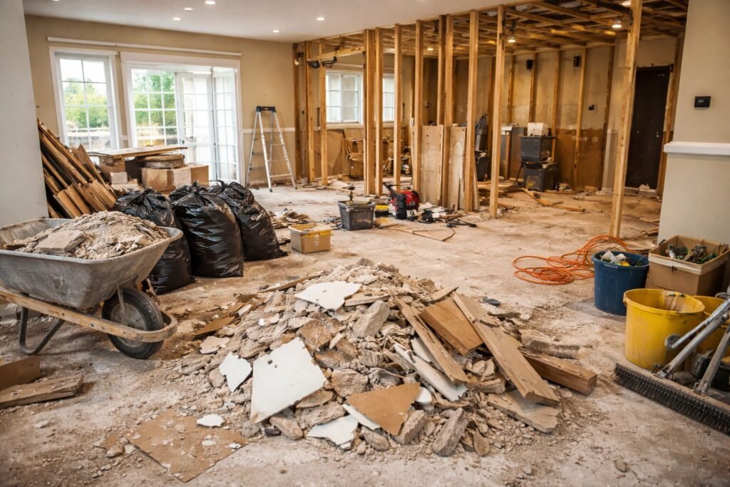 Construction debris removal and renovation waste hauling from a job site.