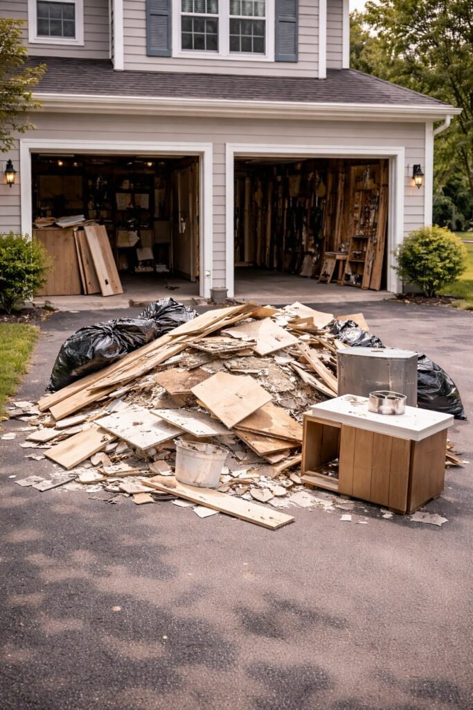 Construction debris removal and renovation waste hauling from a job site.